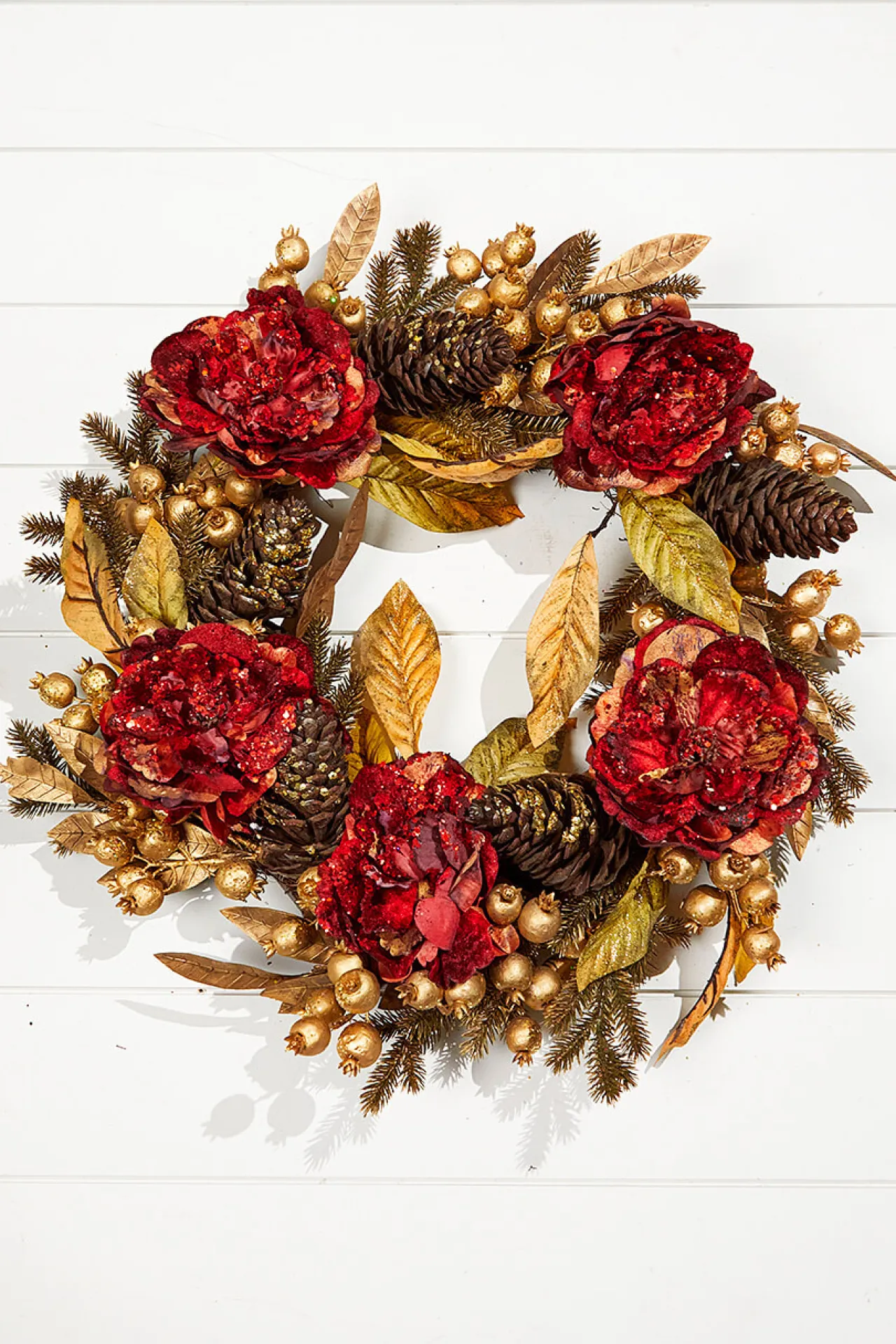 Clearance Decorator's Warehouse 24" Burgundy & Gold Peony Laurel Berry Wreath