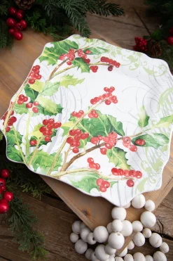 New Decorator's Warehouse 12” Ceramic Christmas Botanical Dinner Plates - Set Of 4