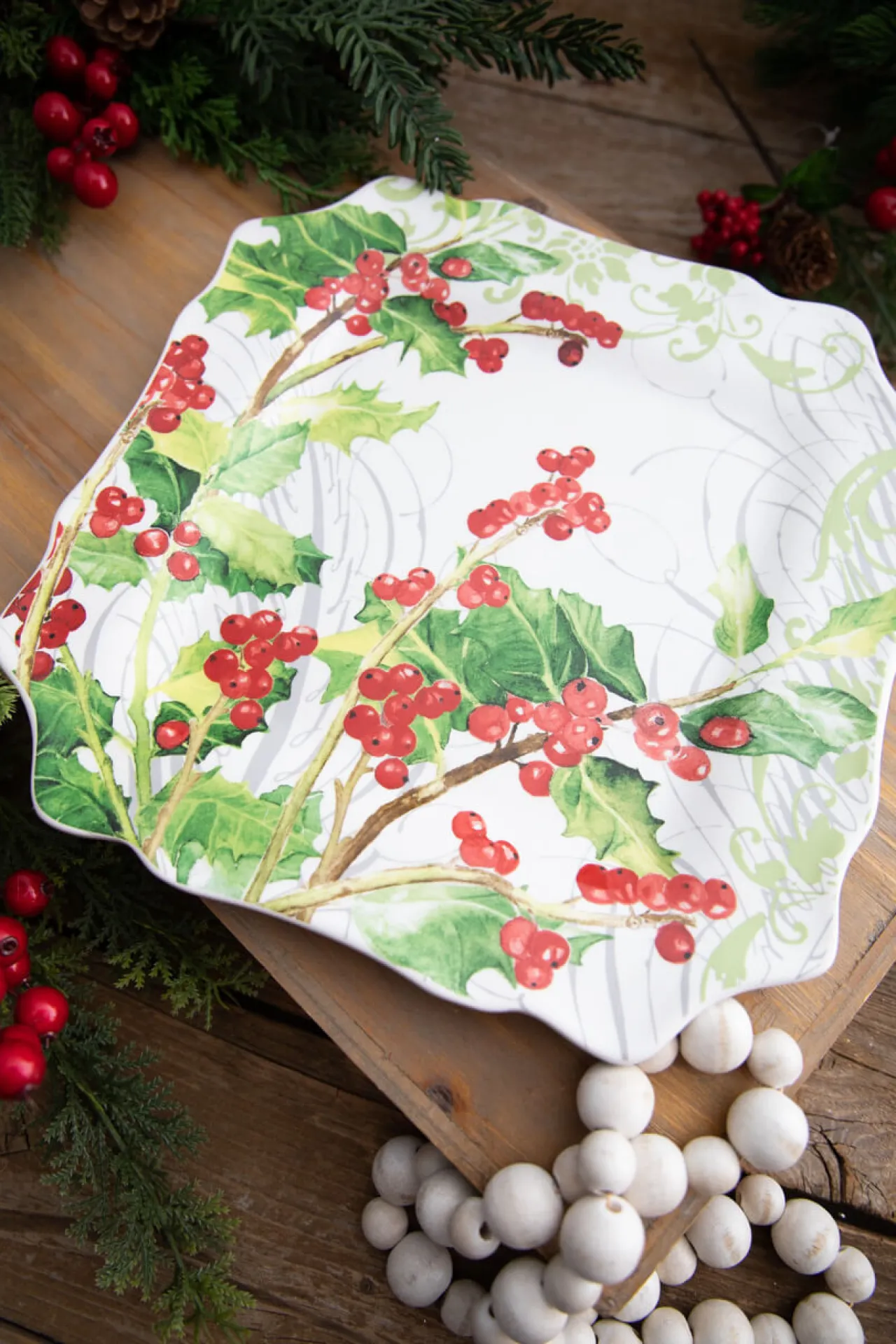 New Decorator's Warehouse 12” Ceramic Christmas Botanical Dinner Plates - Set Of 4