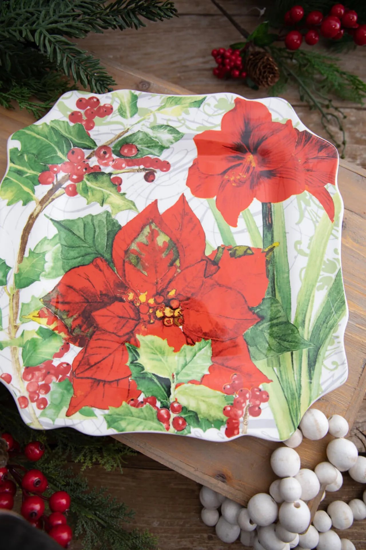 New Decorator's Warehouse 12” Ceramic Christmas Botanical Dinner Plates - Set Of 4