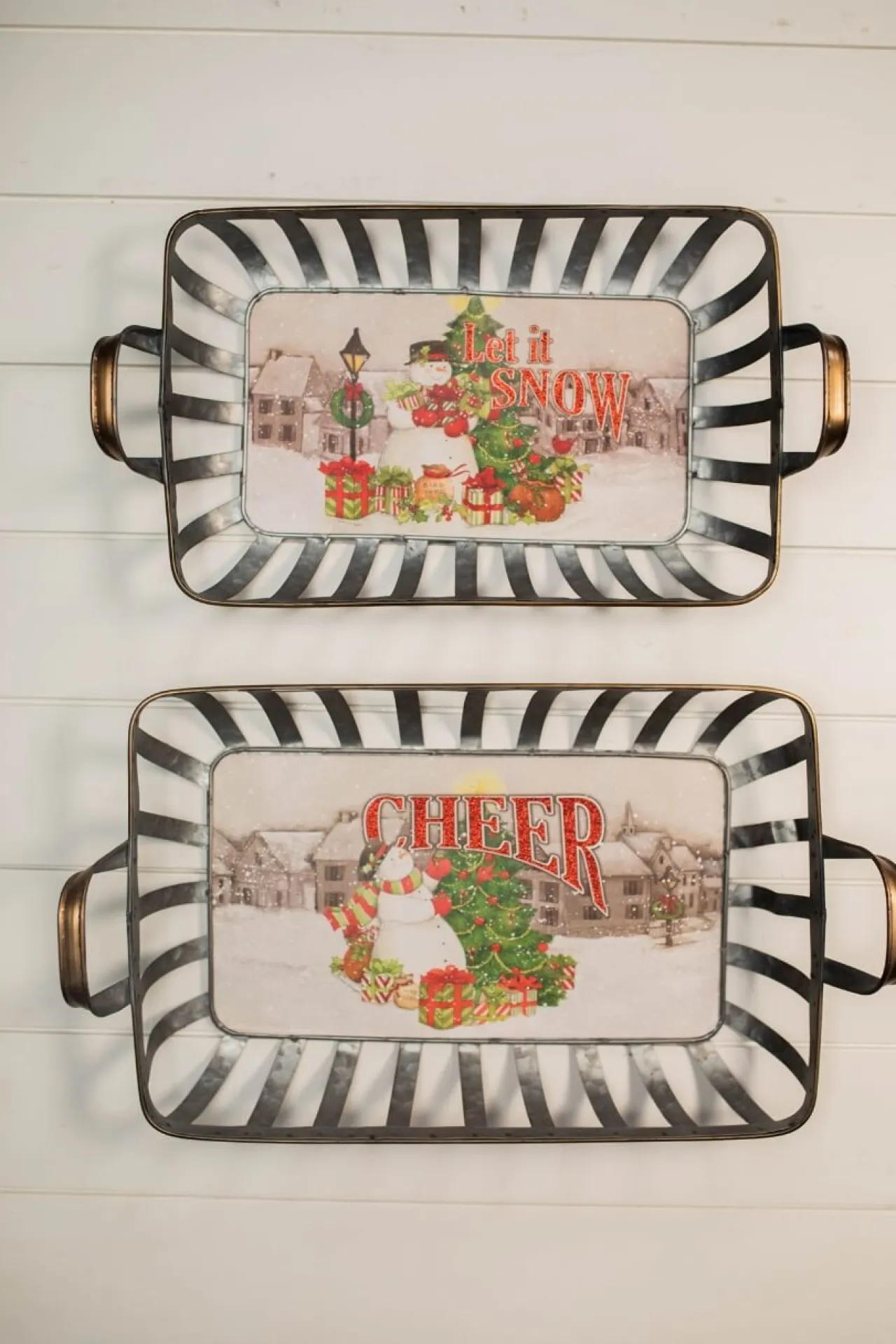 Online Decorator's Warehouse 21” Galvanized Metal Holiday Snowman Baskets With Glitter Accent - Set Of 2