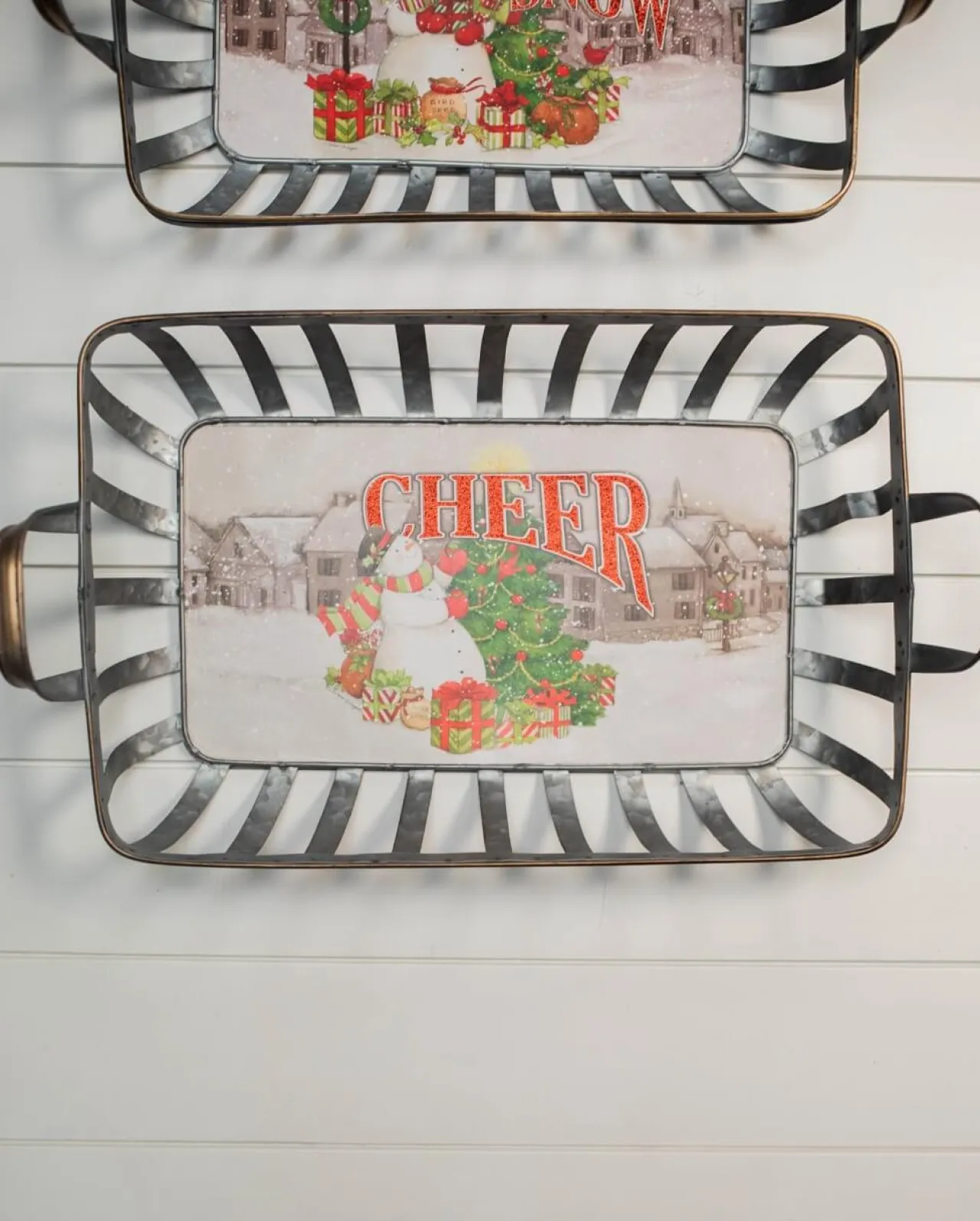 Online Decorator's Warehouse 21” Galvanized Metal Holiday Snowman Baskets With Glitter Accent - Set Of 2