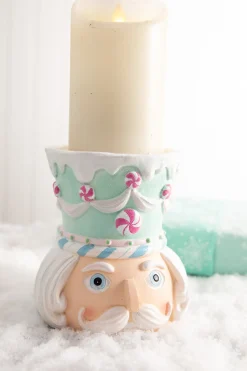 Clearance Decorator's Warehouse 5.5” Teal Resin Pastel Candy Nutcracker Candle Holder