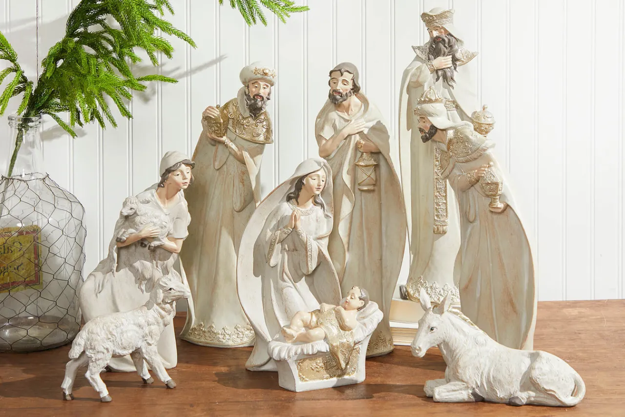 New Decorator's Warehouse 7-18" Whitewash Nativity With Gold Trim - Set Of 9