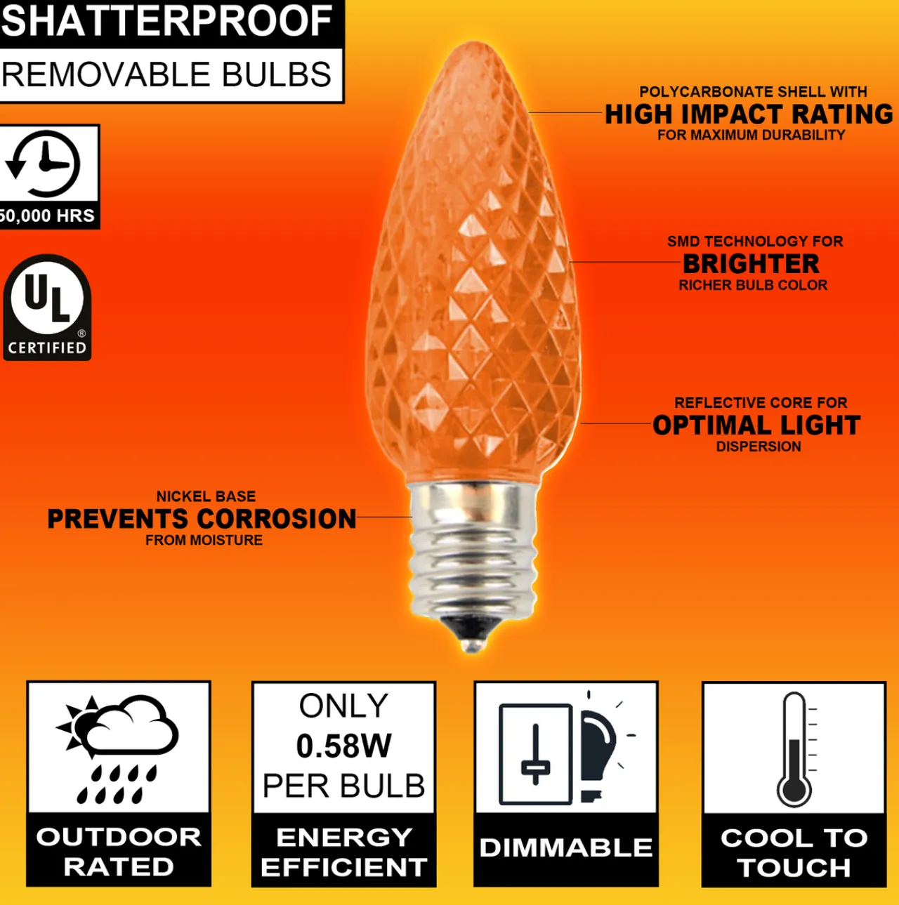 Online Decorator's Warehouse C9 Wonderful LED SMD Bulb (25 Bulbs/bag) - Faceted, Orange