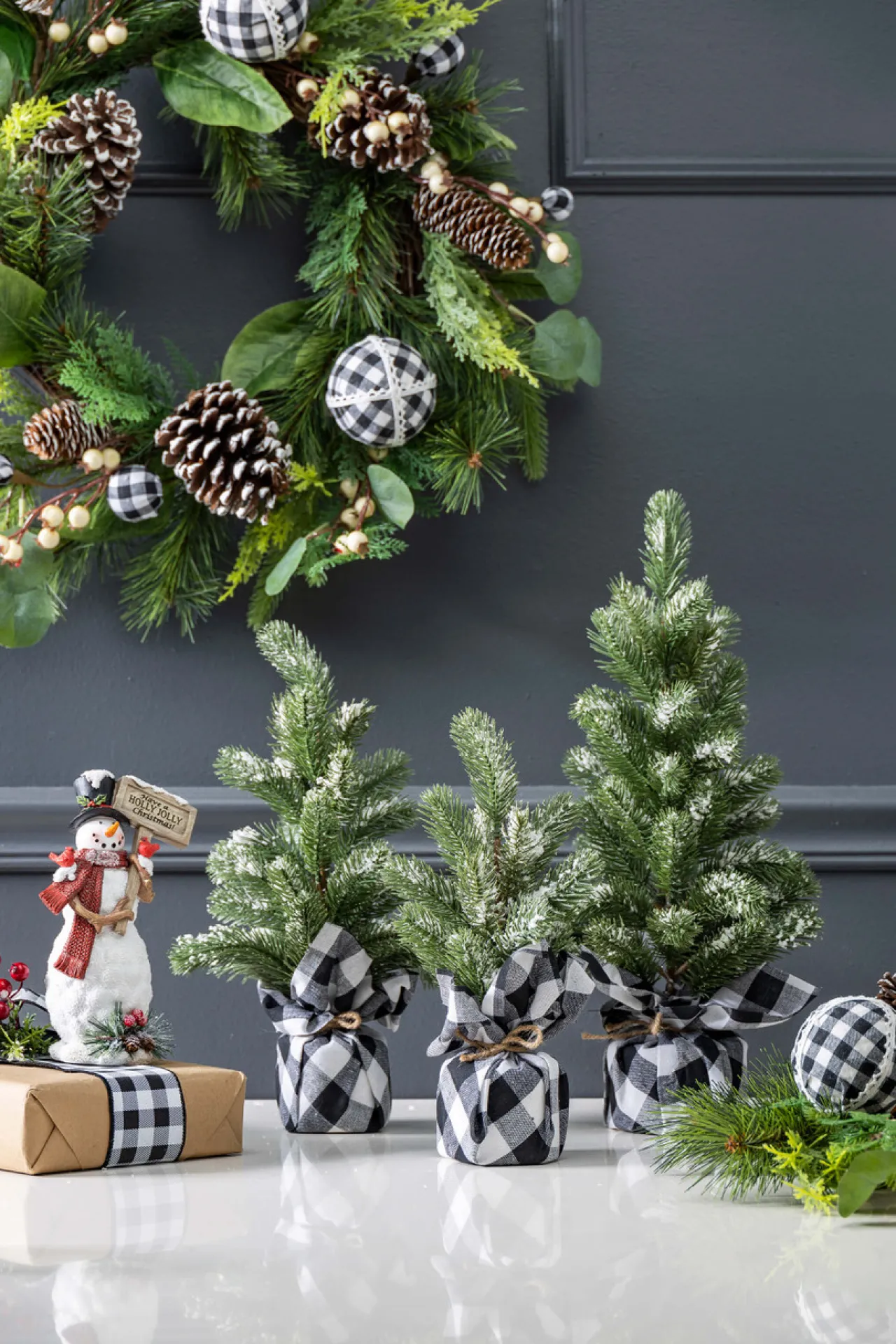 Best Decorator's Warehouse Flocked Pine Tree With Plaid Fabric - Small